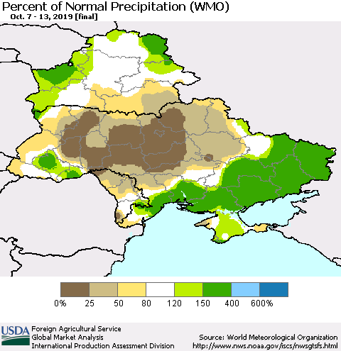 Ukraine, Moldova and Belarus Percent of Normal Precipitation (WMO) Thematic Map For 10/7/2019 - 10/13/2019