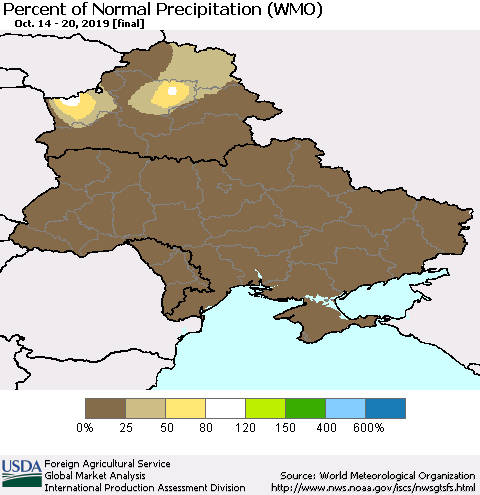 Ukraine, Moldova and Belarus Percent of Normal Precipitation (WMO) Thematic Map For 10/14/2019 - 10/20/2019