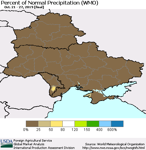 Ukraine, Moldova and Belarus Percent of Normal Precipitation (WMO) Thematic Map For 10/21/2019 - 10/27/2019