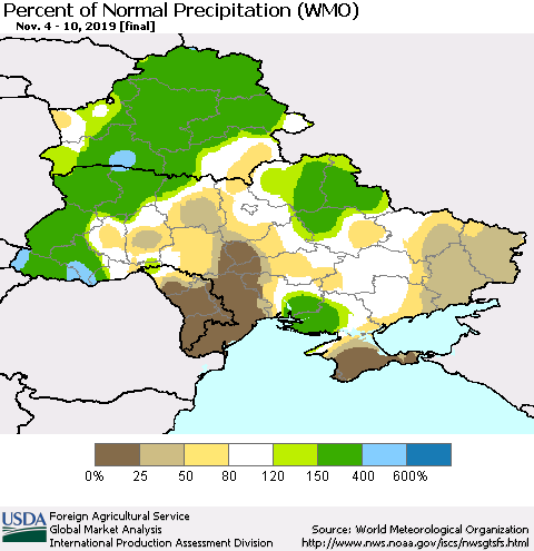 Ukraine, Moldova and Belarus Percent of Normal Precipitation (WMO) Thematic Map For 11/4/2019 - 11/10/2019