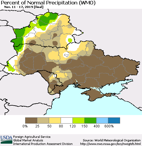 Ukraine, Moldova and Belarus Percent of Normal Precipitation (WMO) Thematic Map For 11/11/2019 - 11/17/2019