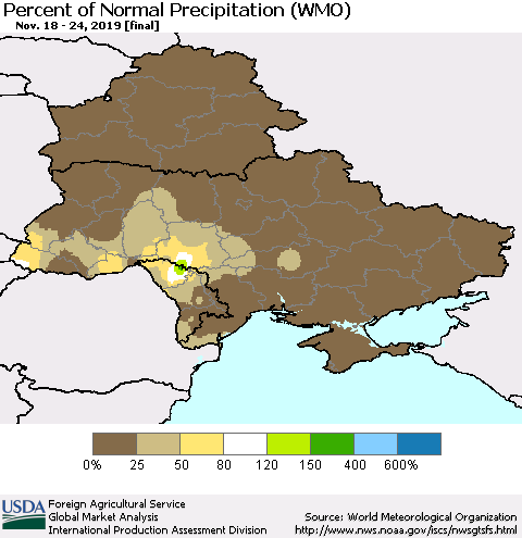 Ukraine, Moldova and Belarus Percent of Normal Precipitation (WMO) Thematic Map For 11/18/2019 - 11/24/2019