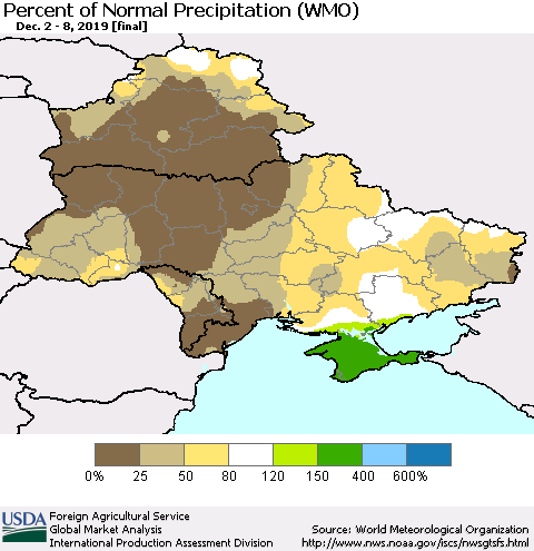 Ukraine, Moldova and Belarus Percent of Normal Precipitation (WMO) Thematic Map For 12/2/2019 - 12/8/2019