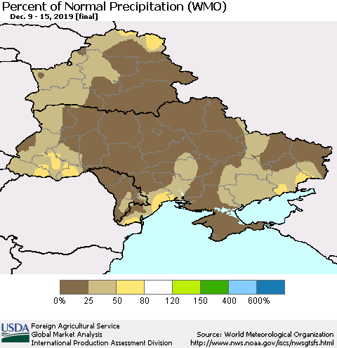 Ukraine, Moldova and Belarus Percent of Normal Precipitation (WMO) Thematic Map For 12/9/2019 - 12/15/2019