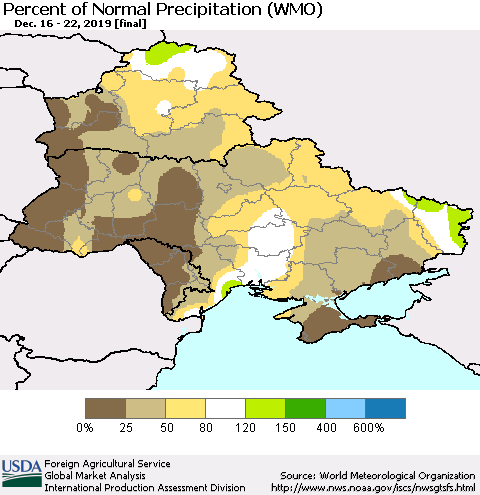 Ukraine, Moldova and Belarus Percent of Normal Precipitation (WMO) Thematic Map For 12/16/2019 - 12/22/2019