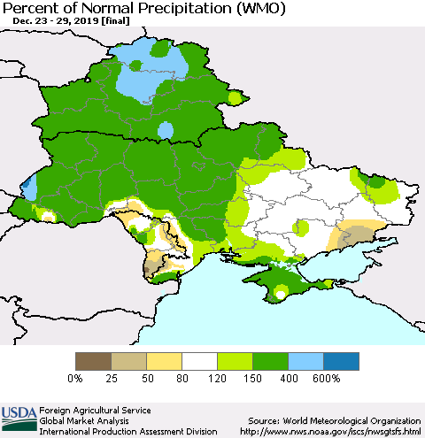 Ukraine, Moldova and Belarus Percent of Normal Precipitation (WMO) Thematic Map For 12/23/2019 - 12/29/2019