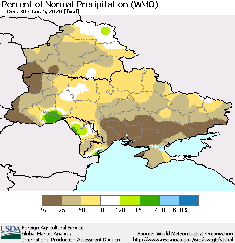 Ukraine, Moldova and Belarus Percent of Normal Precipitation (WMO) Thematic Map For 12/30/2019 - 1/5/2020