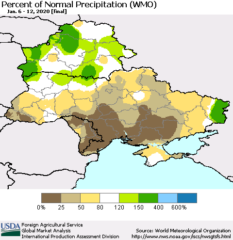 Ukraine, Moldova and Belarus Percent of Normal Precipitation (WMO) Thematic Map For 1/6/2020 - 1/12/2020