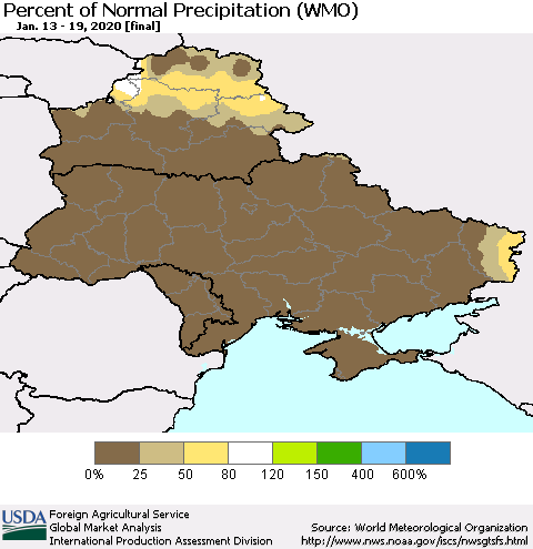 Ukraine, Moldova and Belarus Percent of Normal Precipitation (WMO) Thematic Map For 1/13/2020 - 1/19/2020