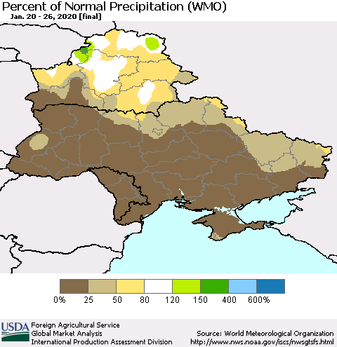 Ukraine, Moldova and Belarus Percent of Normal Precipitation (WMO) Thematic Map For 1/20/2020 - 1/26/2020