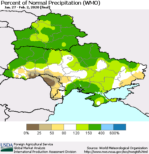 Ukraine, Moldova and Belarus Percent of Normal Precipitation (WMO) Thematic Map For 1/27/2020 - 2/2/2020