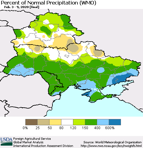 Ukraine, Moldova and Belarus Percent of Normal Precipitation (WMO) Thematic Map For 2/3/2020 - 2/9/2020