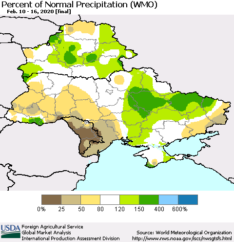 Ukraine, Moldova and Belarus Percent of Normal Precipitation (WMO) Thematic Map For 2/10/2020 - 2/16/2020