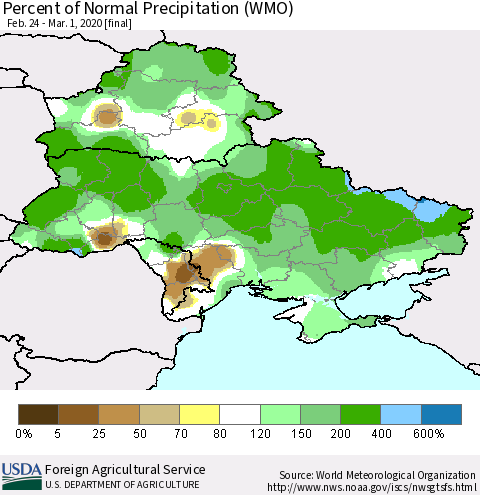Ukraine, Moldova and Belarus Percent of Normal Precipitation (WMO) Thematic Map For 2/24/2020 - 3/1/2020