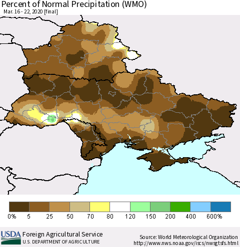Ukraine, Moldova and Belarus Percent of Normal Precipitation (WMO) Thematic Map For 3/16/2020 - 3/22/2020