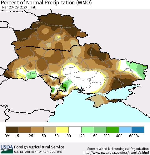 Ukraine, Moldova and Belarus Percent of Normal Precipitation (WMO) Thematic Map For 3/23/2020 - 3/29/2020