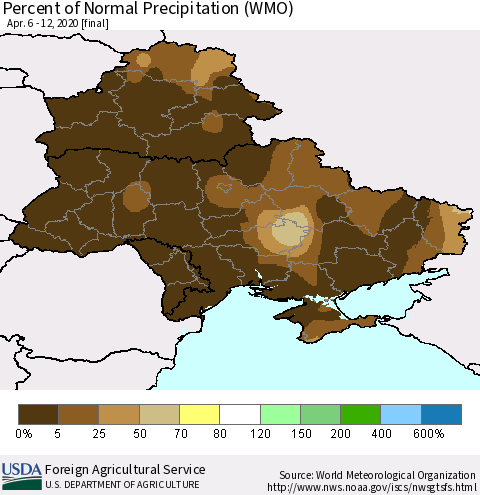 Ukraine, Moldova and Belarus Percent of Normal Precipitation (WMO) Thematic Map For 4/6/2020 - 4/12/2020
