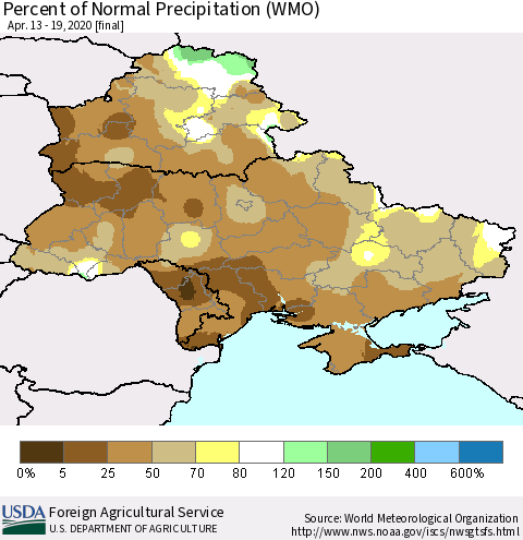 Ukraine, Moldova and Belarus Percent of Normal Precipitation (WMO) Thematic Map For 4/13/2020 - 4/19/2020