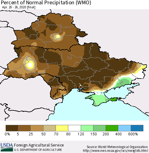 Ukraine, Moldova and Belarus Percent of Normal Precipitation (WMO) Thematic Map For 4/20/2020 - 4/26/2020