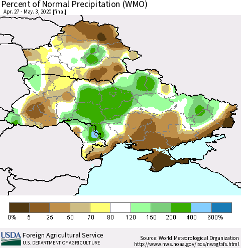 Ukraine, Moldova and Belarus Percent of Normal Precipitation (WMO) Thematic Map For 4/27/2020 - 5/3/2020