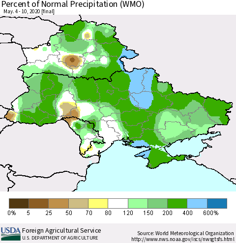 Ukraine, Moldova and Belarus Percent of Normal Precipitation (WMO) Thematic Map For 5/4/2020 - 5/10/2020