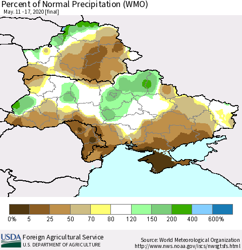 Ukraine, Moldova and Belarus Percent of Normal Precipitation (WMO) Thematic Map For 5/11/2020 - 5/17/2020
