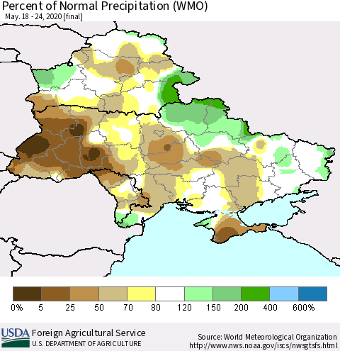 Ukraine, Moldova and Belarus Percent of Normal Precipitation (WMO) Thematic Map For 5/18/2020 - 5/24/2020