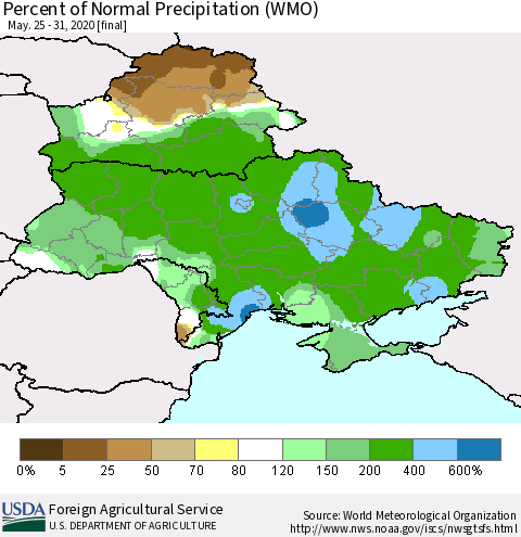 Ukraine, Moldova and Belarus Percent of Normal Precipitation (WMO) Thematic Map For 5/25/2020 - 5/31/2020