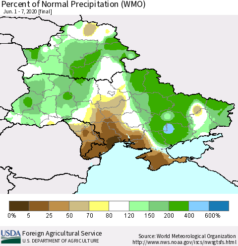 Ukraine, Moldova and Belarus Percent of Normal Precipitation (WMO) Thematic Map For 6/1/2020 - 6/7/2020