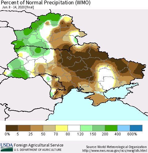 Ukraine, Moldova and Belarus Percent of Normal Precipitation (WMO) Thematic Map For 6/8/2020 - 6/14/2020