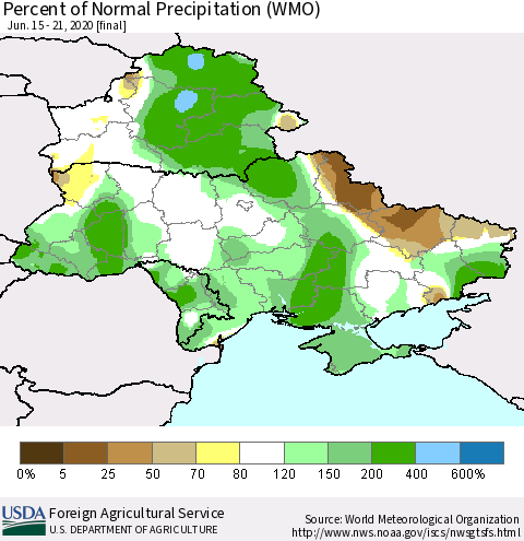 Ukraine, Moldova and Belarus Percent of Normal Precipitation (WMO) Thematic Map For 6/15/2020 - 6/21/2020