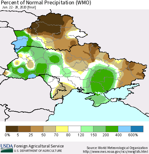Ukraine, Moldova and Belarus Percent of Normal Precipitation (WMO) Thematic Map For 6/22/2020 - 6/28/2020