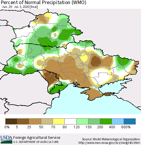 Ukraine, Moldova and Belarus Percent of Normal Precipitation (WMO) Thematic Map For 6/29/2020 - 7/5/2020