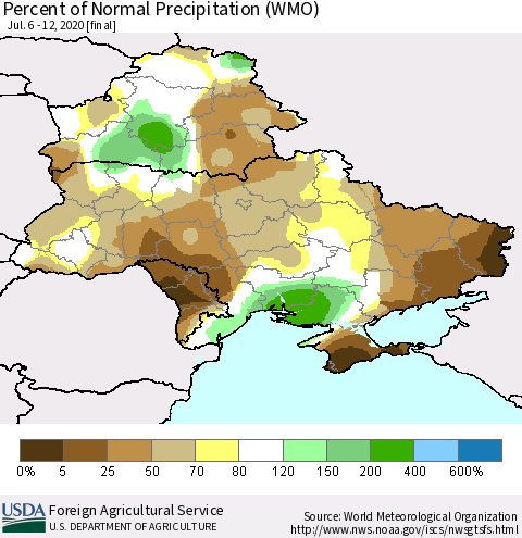 Ukraine, Moldova and Belarus Percent of Normal Precipitation (WMO) Thematic Map For 7/6/2020 - 7/12/2020