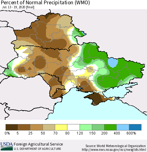 Ukraine, Moldova and Belarus Percent of Normal Precipitation (WMO) Thematic Map For 7/13/2020 - 7/19/2020
