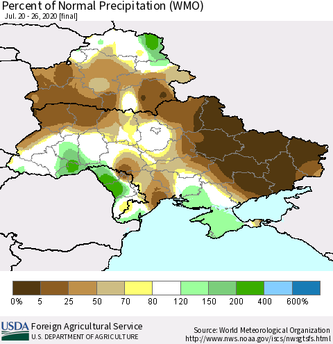 Ukraine, Moldova and Belarus Percent of Normal Precipitation (WMO) Thematic Map For 7/20/2020 - 7/26/2020