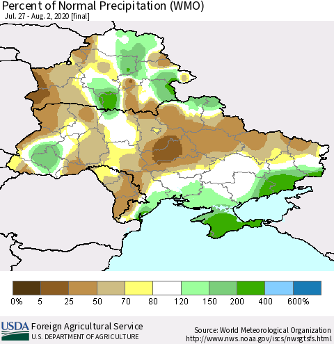 Ukraine, Moldova and Belarus Percent of Normal Precipitation (WMO) Thematic Map For 7/27/2020 - 8/2/2020