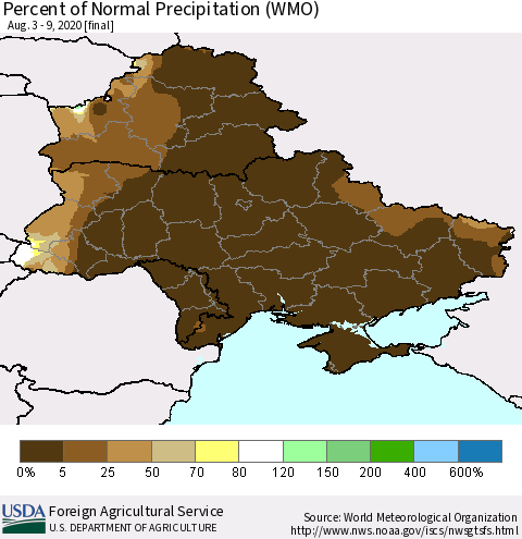 Ukraine, Moldova and Belarus Percent of Normal Precipitation (WMO) Thematic Map For 8/3/2020 - 8/9/2020