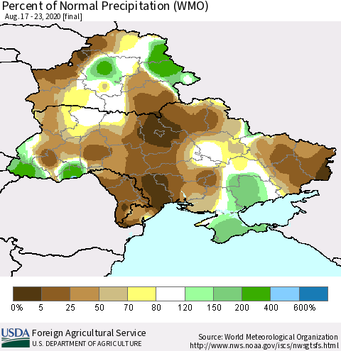 Ukraine, Moldova and Belarus Percent of Normal Precipitation (WMO) Thematic Map For 8/17/2020 - 8/23/2020
