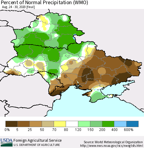 Ukraine, Moldova and Belarus Percent of Normal Precipitation (WMO) Thematic Map For 8/24/2020 - 8/30/2020
