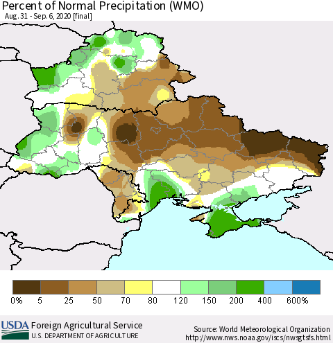 Ukraine, Moldova and Belarus Percent of Normal Precipitation (WMO) Thematic Map For 8/31/2020 - 9/6/2020