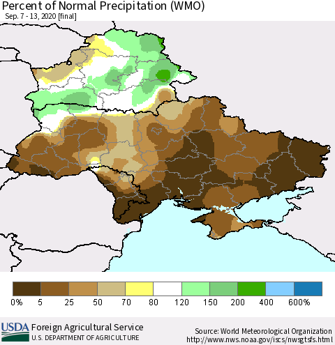 Ukraine, Moldova and Belarus Percent of Normal Precipitation (WMO) Thematic Map For 9/7/2020 - 9/13/2020