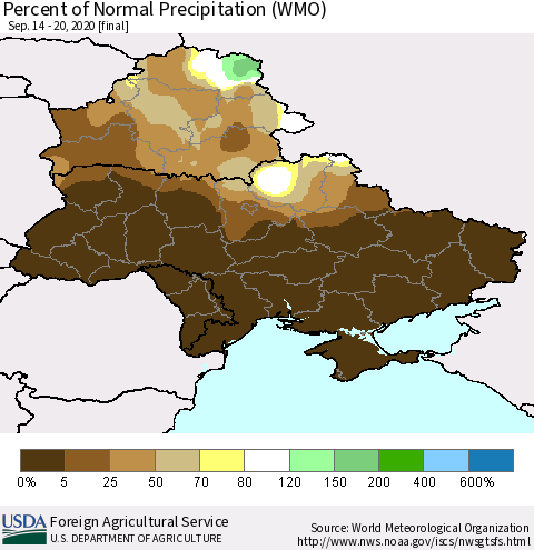Ukraine, Moldova and Belarus Percent of Normal Precipitation (WMO) Thematic Map For 9/14/2020 - 9/20/2020