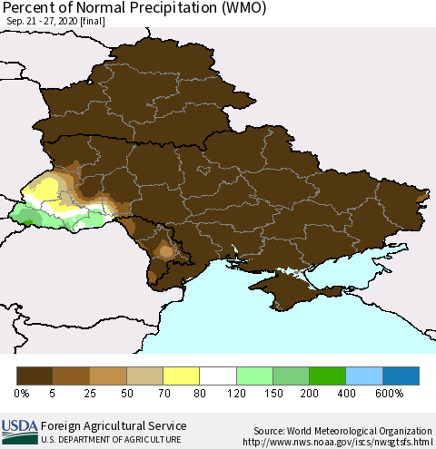 Ukraine, Moldova and Belarus Percent of Normal Precipitation (WMO) Thematic Map For 9/21/2020 - 9/27/2020