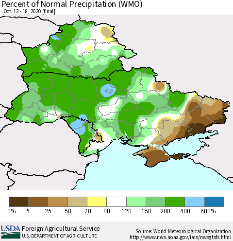 Ukraine, Moldova and Belarus Percent of Normal Precipitation (WMO) Thematic Map For 10/12/2020 - 10/18/2020