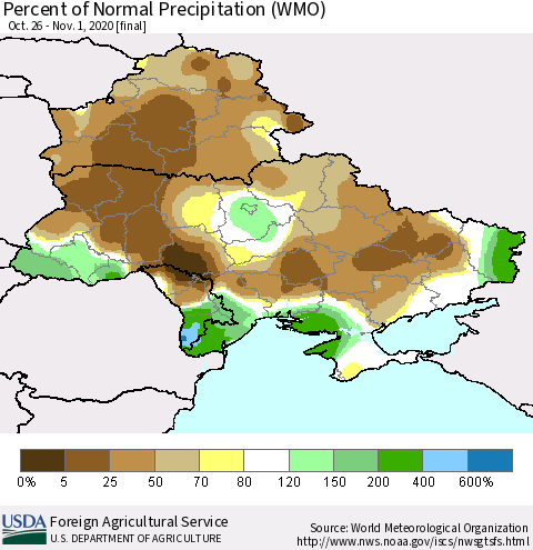 Ukraine, Moldova and Belarus Percent of Normal Precipitation (WMO) Thematic Map For 10/26/2020 - 11/1/2020