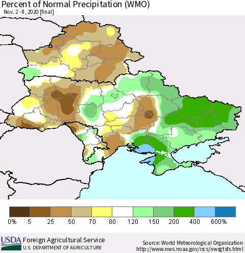 Ukraine, Moldova and Belarus Percent of Normal Precipitation (WMO) Thematic Map For 11/2/2020 - 11/8/2020