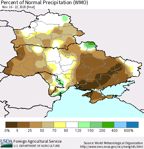 Ukraine, Moldova and Belarus Percent of Normal Precipitation (WMO) Thematic Map For 11/16/2020 - 11/22/2020