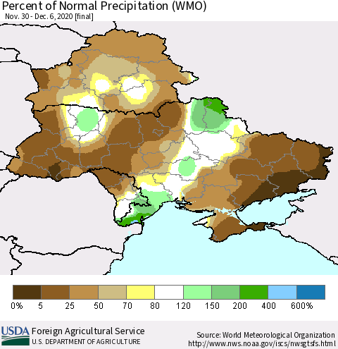 Ukraine, Moldova and Belarus Percent of Normal Precipitation (WMO) Thematic Map For 11/30/2020 - 12/6/2020