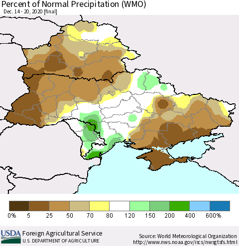 Ukraine, Moldova and Belarus Percent of Normal Precipitation (WMO) Thematic Map For 12/14/2020 - 12/20/2020